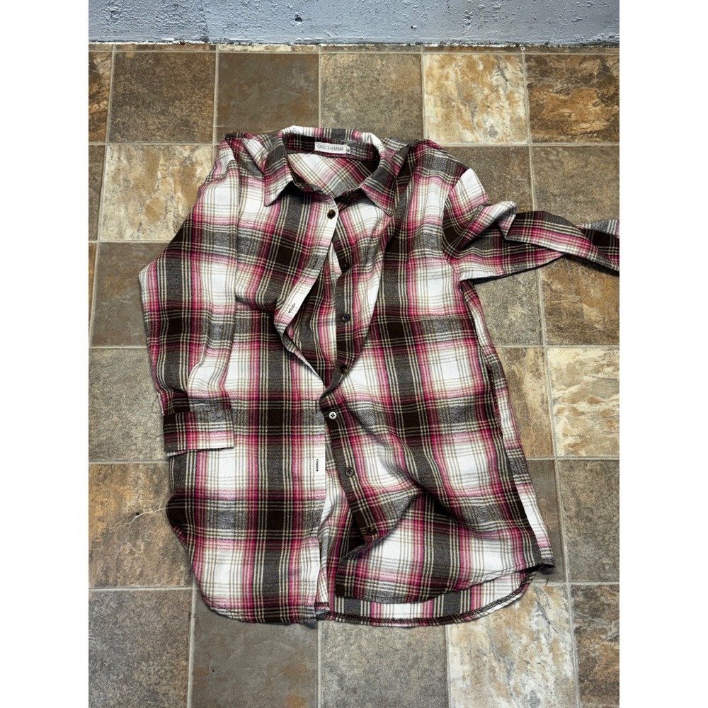 Grace + Emma Pink Brown Plaid Flannel Shacket Button Front Shirt Jacket XS